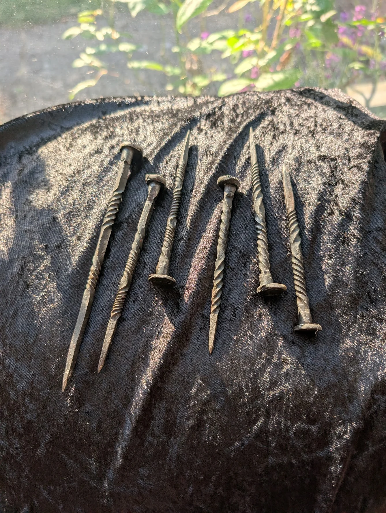 Hand-forged iron hexing nails with twisted spiral shafts - ritual tools by BorboroForge