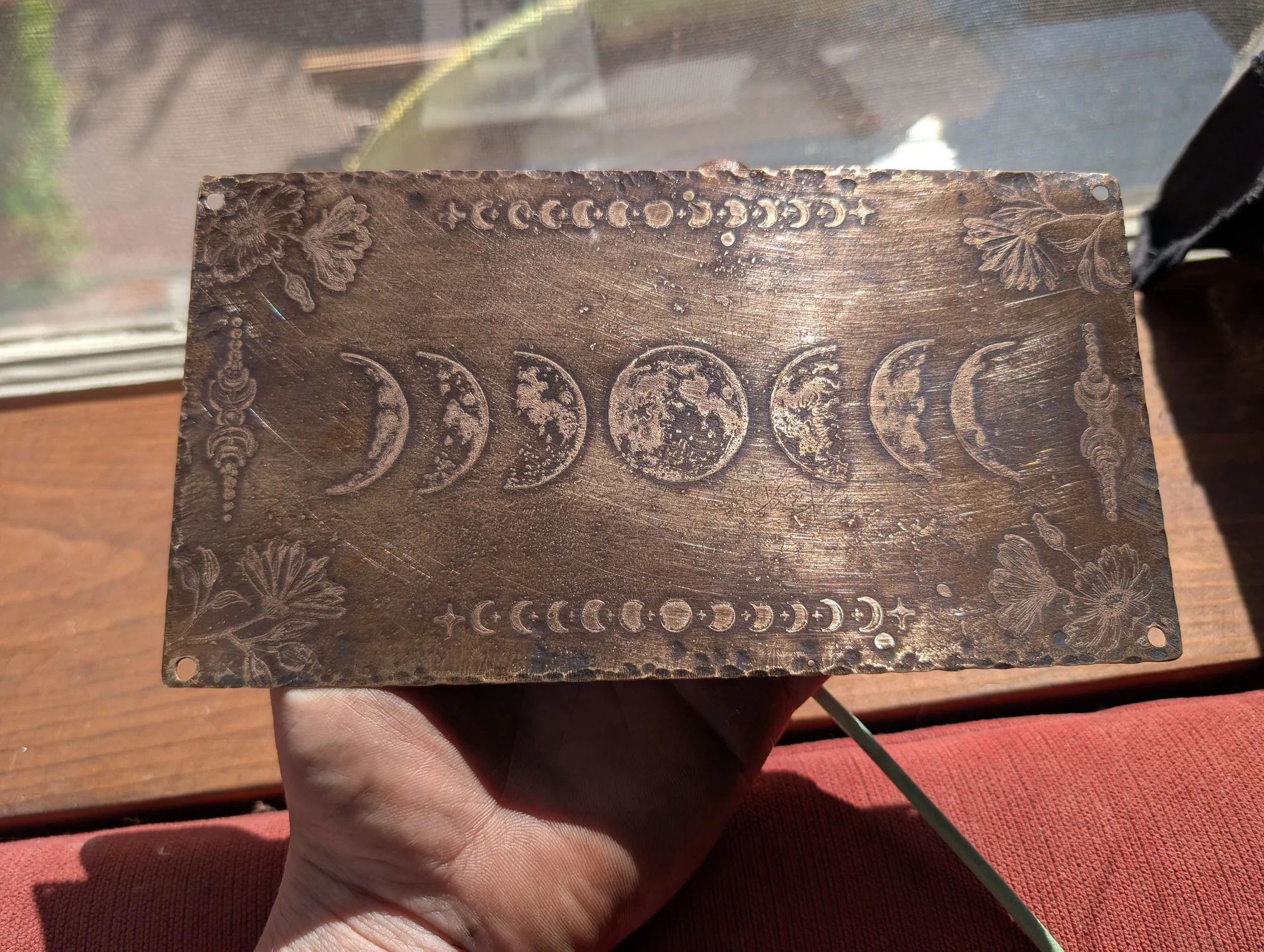 Decorative moon motif box lid - handforged by BorboroForge