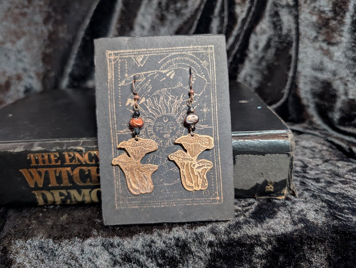 Etched bronze chanterelle mushroom earrings with stone beads by BorboroForge