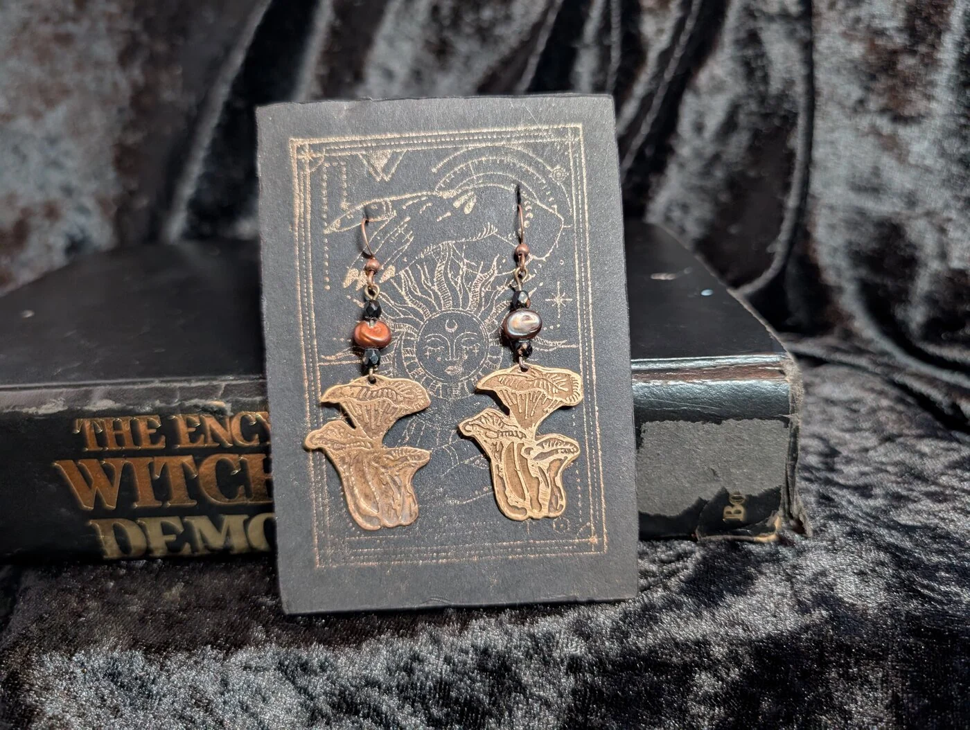 Etched bronze chanterelle mushroom earrings with stone beads by BorboroForge