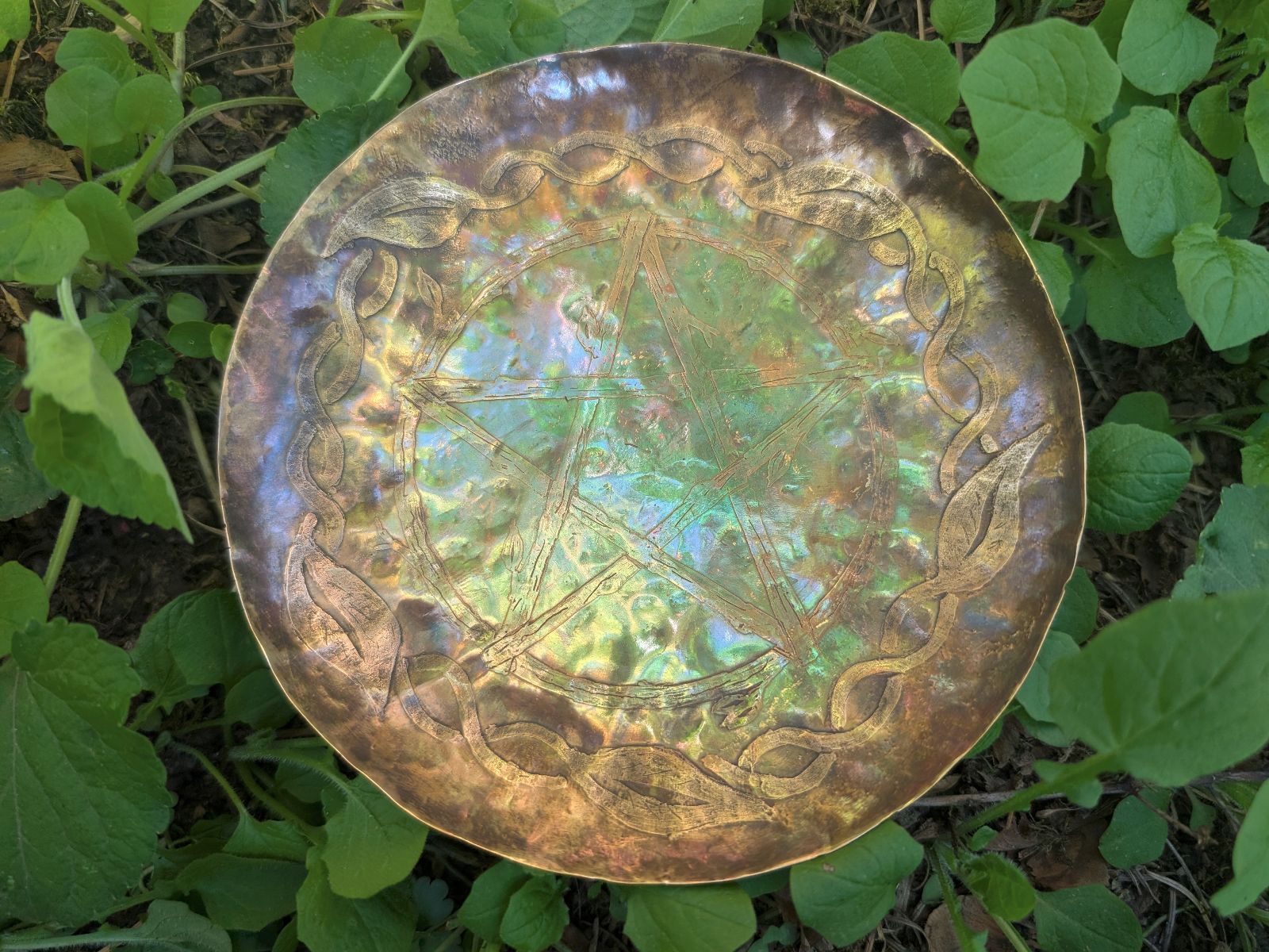 Bronze pentacle offering plate - etched ritual dish with pentagram by BorboroForge