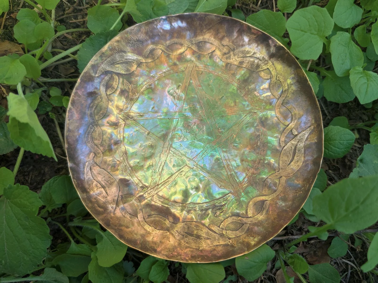 Bronze pentacle offering plate - etched ritual dish with pentagram by BorboroForge