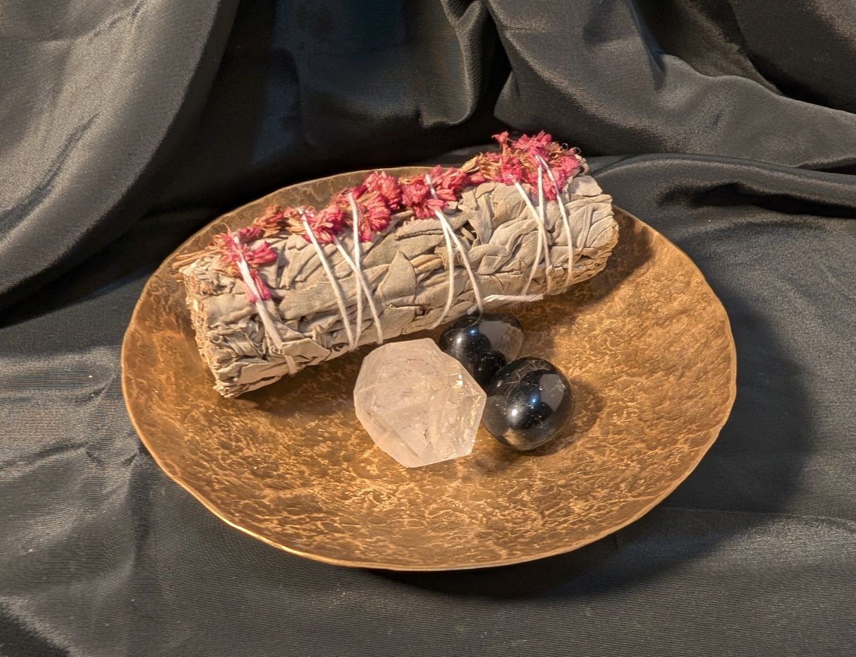 Bronze sage and stone offering dish - hammered ritual plate by BorboroForge