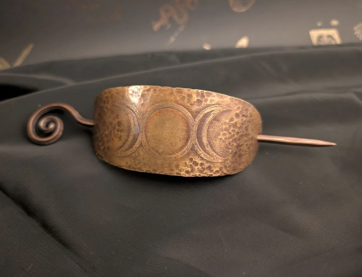 Copper triple moon hair pin - hammered metal lunar phase jewelry by BorboroForge